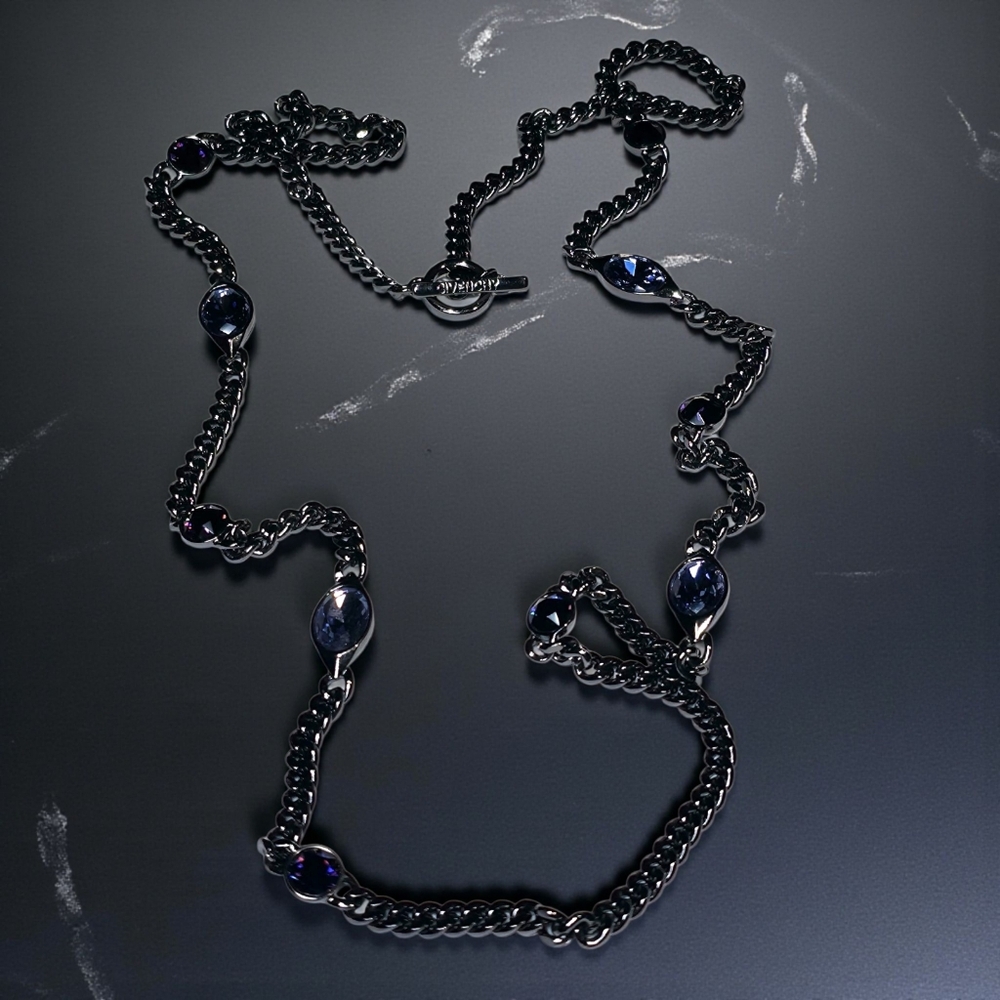 Givenchy Gunmetal Purple Crystal Station Necklace 42” Toggle Clasp Signed Design
